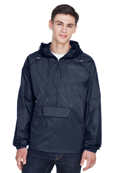 UltraClub 8925 Mens Pack Away Wind & Water Resistant 1/4 Zip Hooded Jacket Navy Blue Front