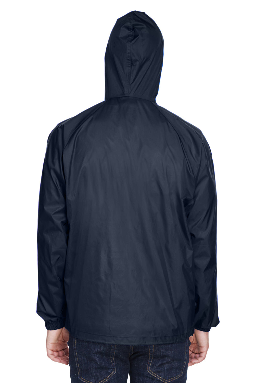 UltraClub 8925 Mens Pack Away Wind & Water Resistant 1/4 Zip Hooded Jacket Navy Blue Back