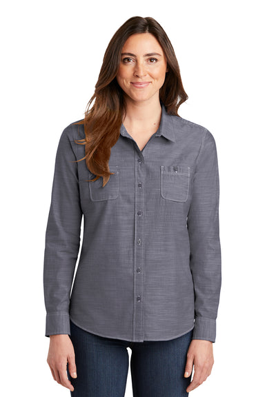 Port Authority LW380 Womens Slub Chambray Long Sleeve Button Down Shirt w/ Double Pockets True Navy Blue Front