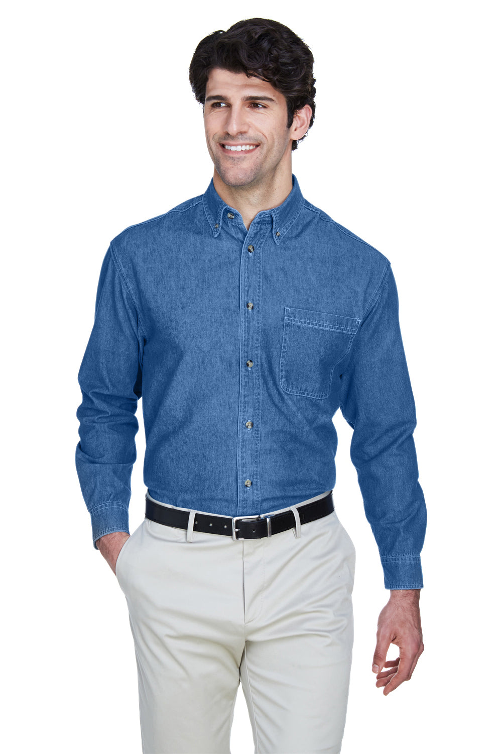 UltraClub 8960 Mens Cypress Denim Long Sleeve Button Down Shirt w/ Pocket Indigo Blue Front