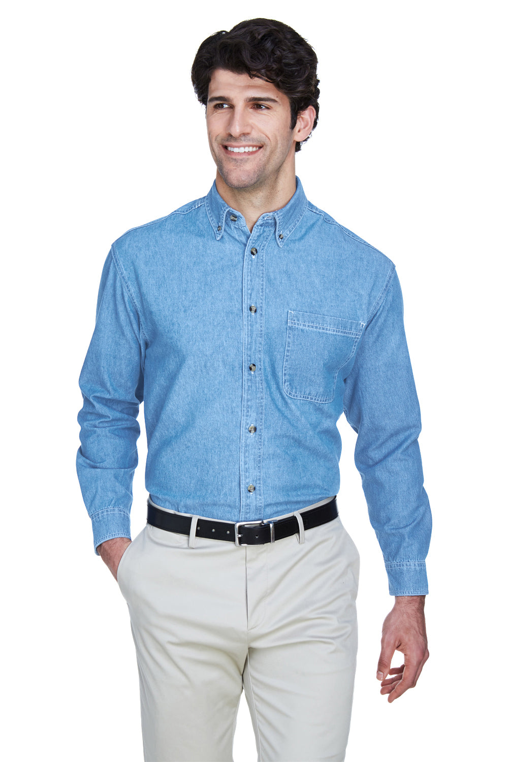 UltraClub 8960 Mens Cypress Denim Long Sleeve Button Down Shirt w/ Pocket Light Blue Front