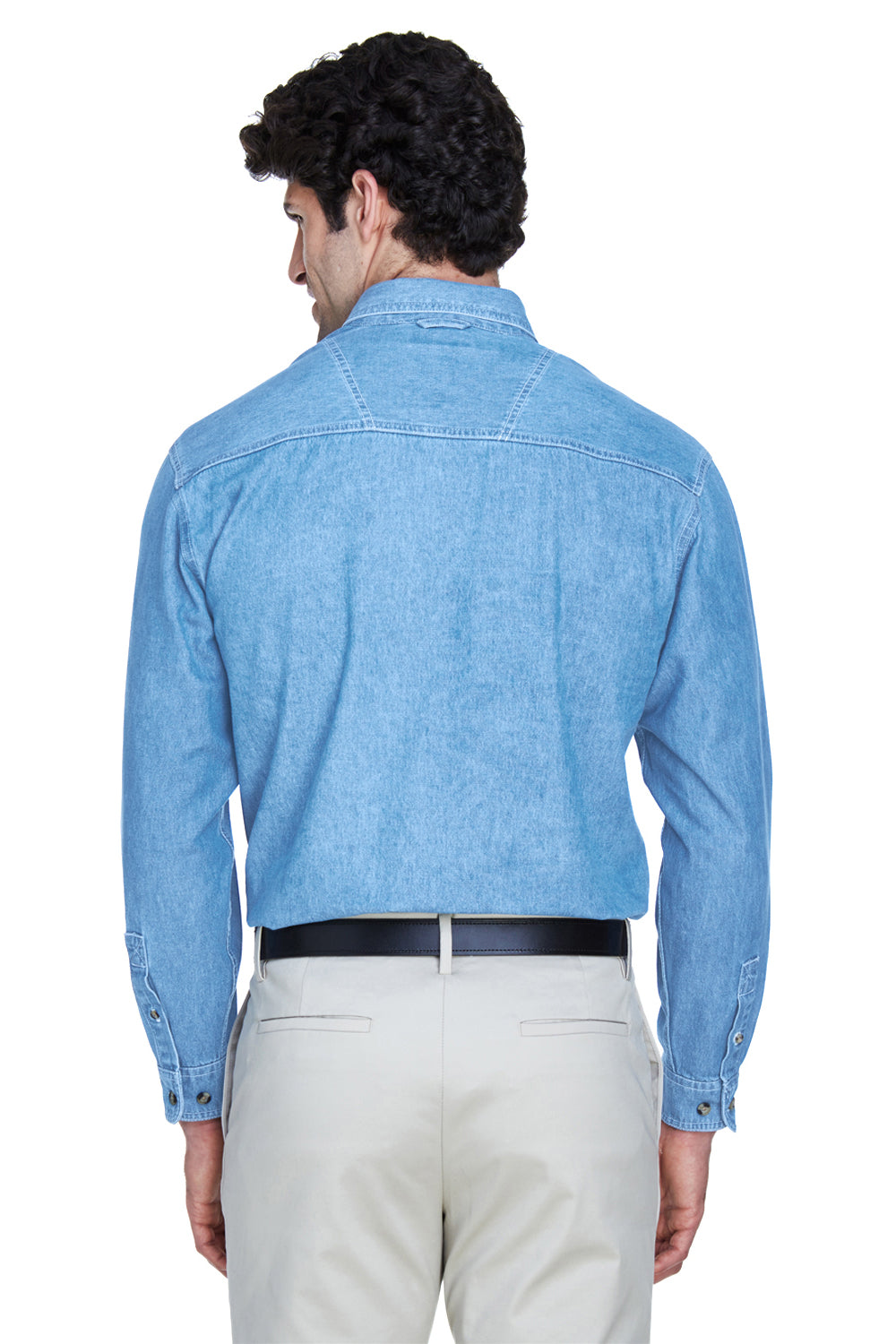 UltraClub 8960 Mens Cypress Denim Long Sleeve Button Down Shirt w/ Pocket Light Blue Back