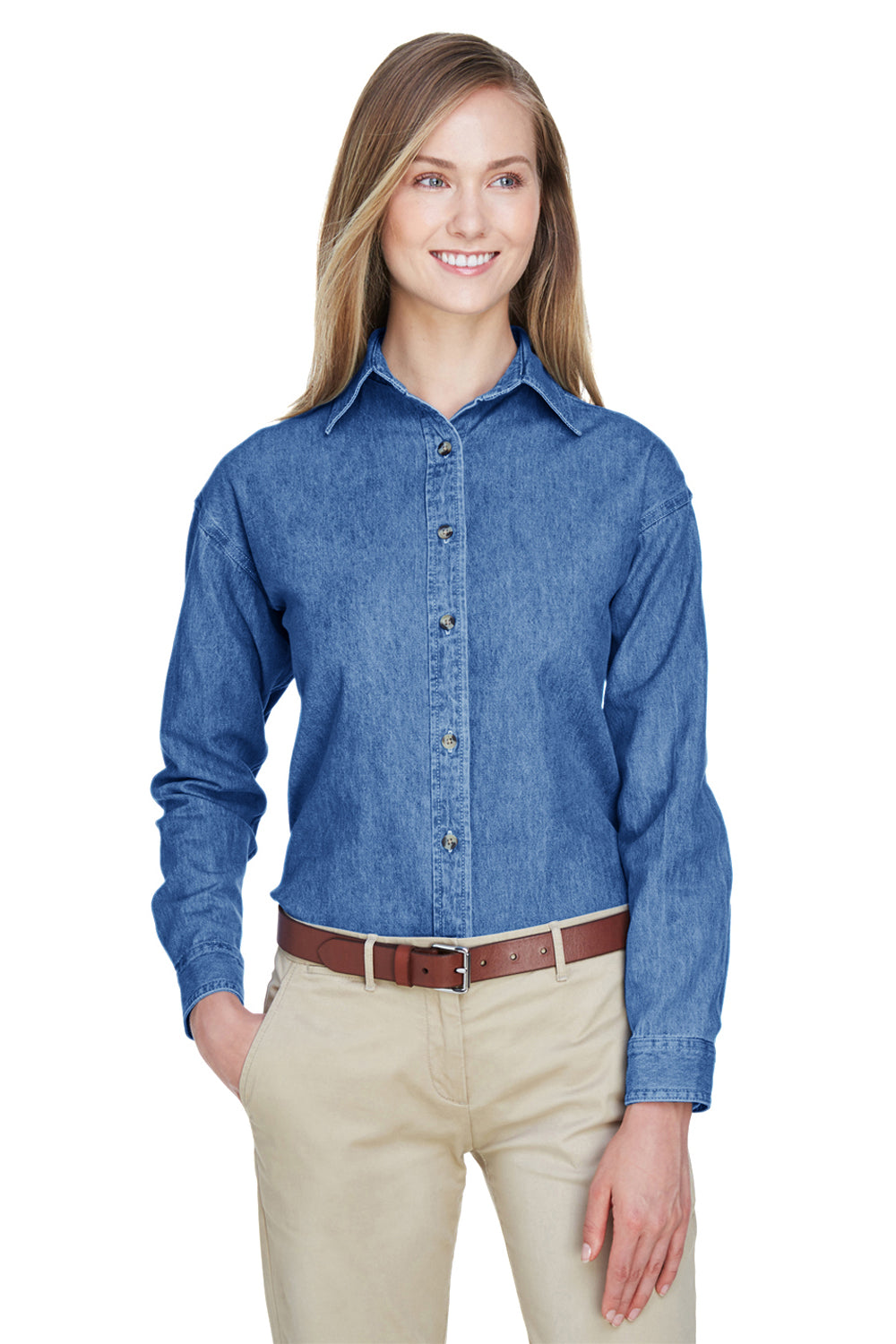 UltraClub 8966 Womens Cypress Denim Long Sleeve Button Down Shirt Indigo Blue Front