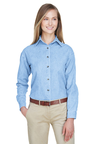 UltraClub 8966 Womens Cypress Denim Long Sleeve Button Down Shirt Light Blue Front
