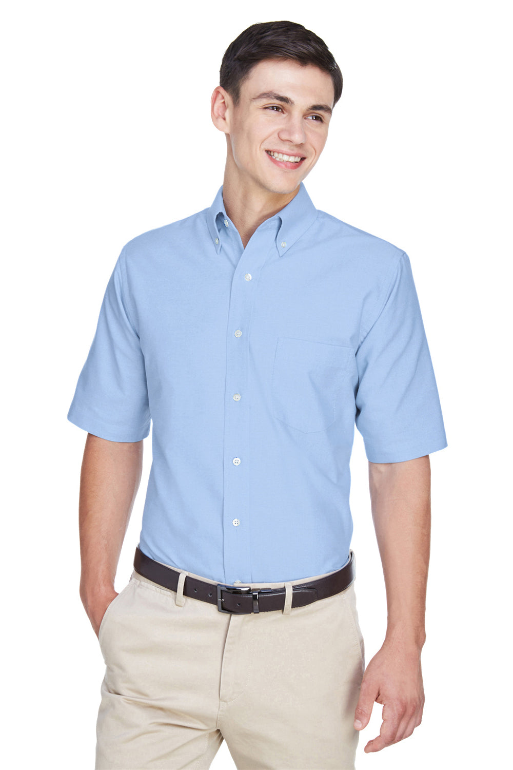 UltraClub 8972 Mens Classic Oxford Wrinkle Resistant Short Sleeve Button Down Shirt w/ Pocket Light Blue Front