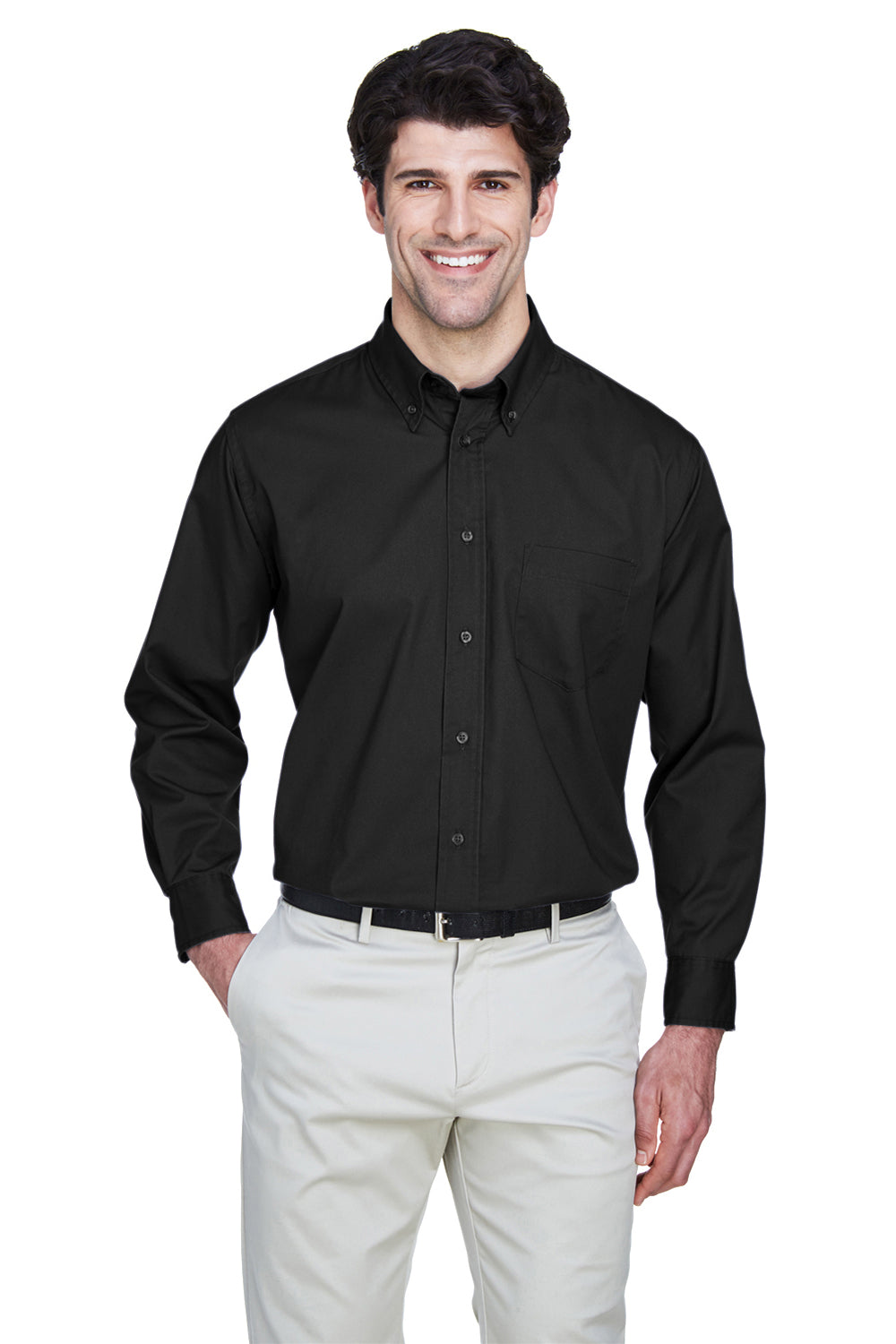 UltraClub 8975 Mens Whisper Long Sleeve Button Down Shirt w/ Pocket Black Front