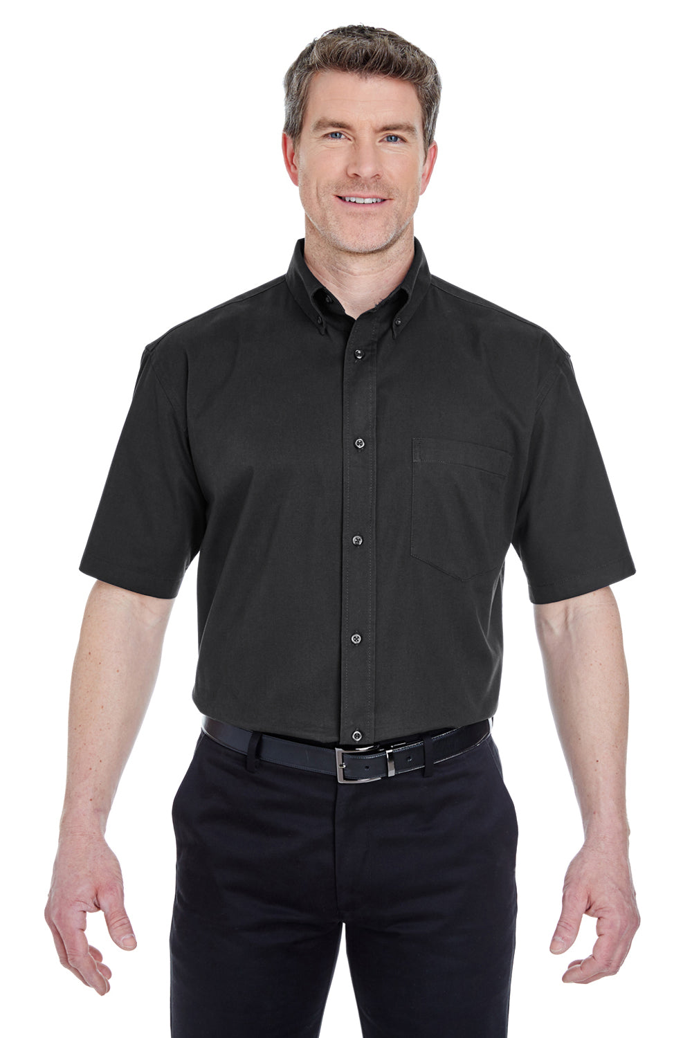 UltraClub 8977 Mens Whisper Short Sleeve Button Down Shirt w/ Pocket Black Front