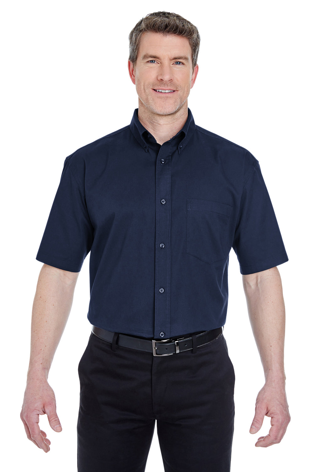 UltraClub 8977 Mens Whisper Short Sleeve Button Down Shirt w/ Pocket Navy Blue Front