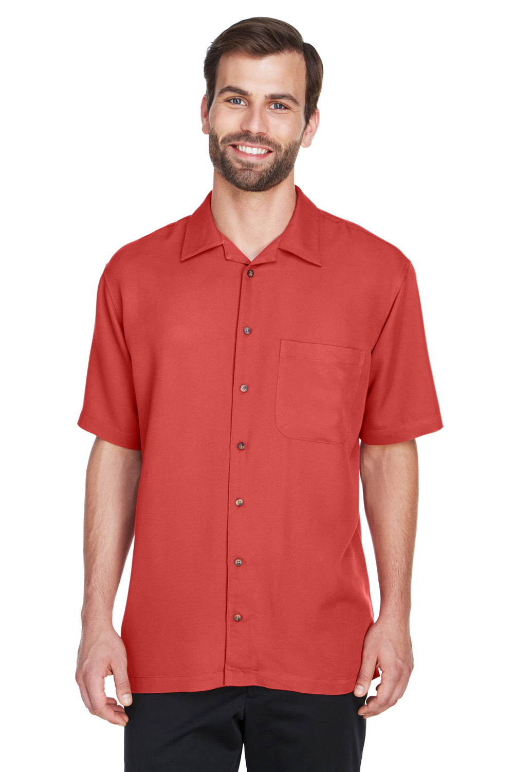 UltraClub 8980 Mens Cabana Breeze Short Sleeve Button Down Camp Shirt w/ Pocket Brick Red Front