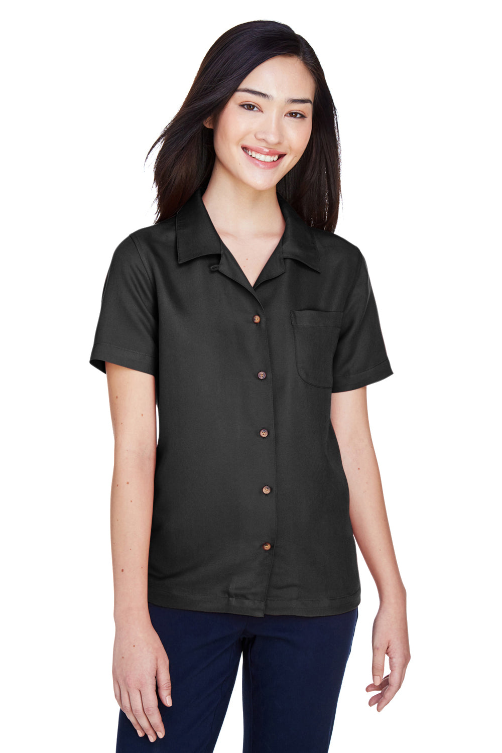 UltraClub 8981 Womens Cabana Breeze Short Sleeve Button Down Camp Shirt w/ Pocket Black Front
