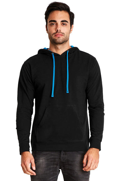 Next Level 9301 Mens French Terry Fleece Hooded Sweatshirt Hoodie Black/Turquoise Blue Front