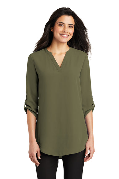 Port Authority LW701 Womens 3/4 Sleeve V-Neck T-Shirt Deep Olive Green Front