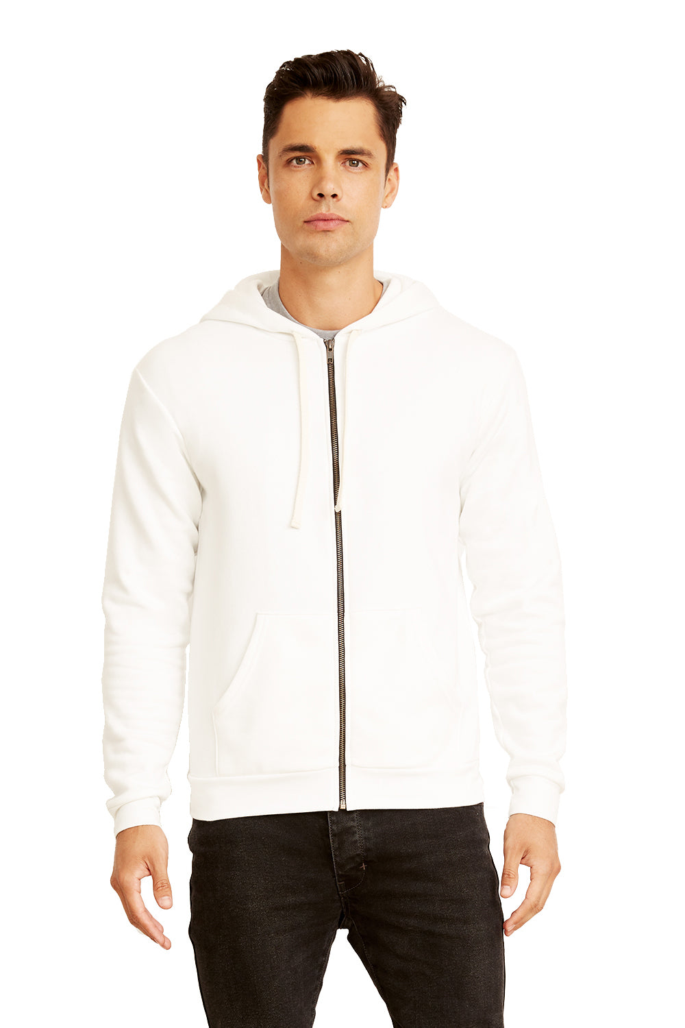Next Level 9602 Mens Fleece Full Zip Hooded Sweatshirt Hoodie White Front