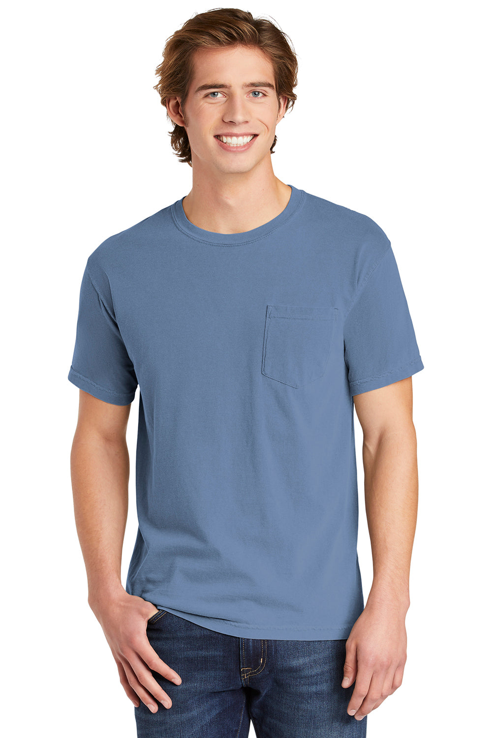 Comfort Colors 6030/6030CC Mens Short Sleeve Crewneck T-Shirt w/ Pocket Washed Denim Blue Front