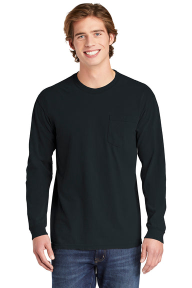 Comfort Colors 4410/C4410 Mens Long Sleeve Crewneck T-Shirt w/ Pocket Black Front