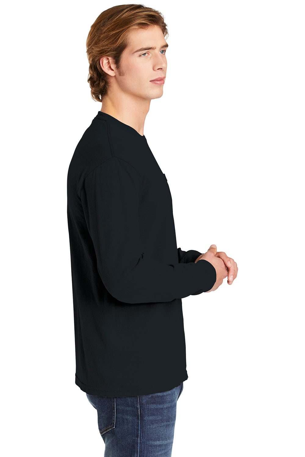 Comfort Colors 4410/C4410 Mens Long Sleeve Crewneck T-Shirt w/ Pocket Black Side