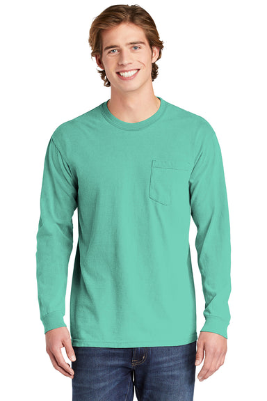 Comfort Colors 4410/C4410 Mens Long Sleeve Crewneck T-Shirt w/ Pocket Chalky Mint Green Front