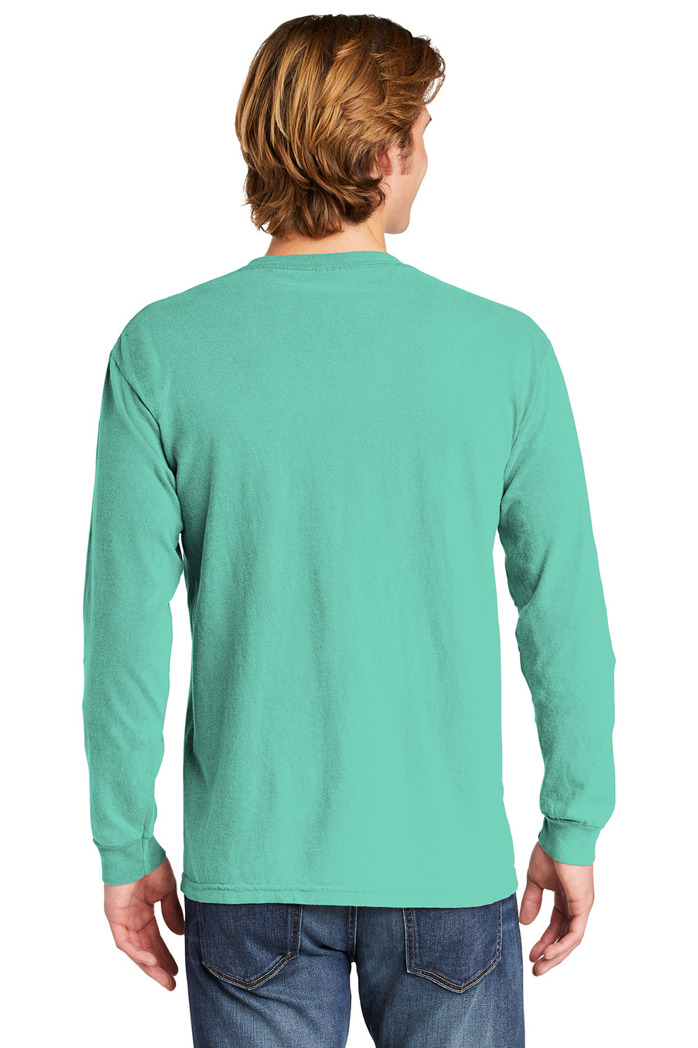 Comfort Colors 4410/C4410 Mens Long Sleeve Crewneck T-Shirt w/ Pocket Chalky Mint Green Back