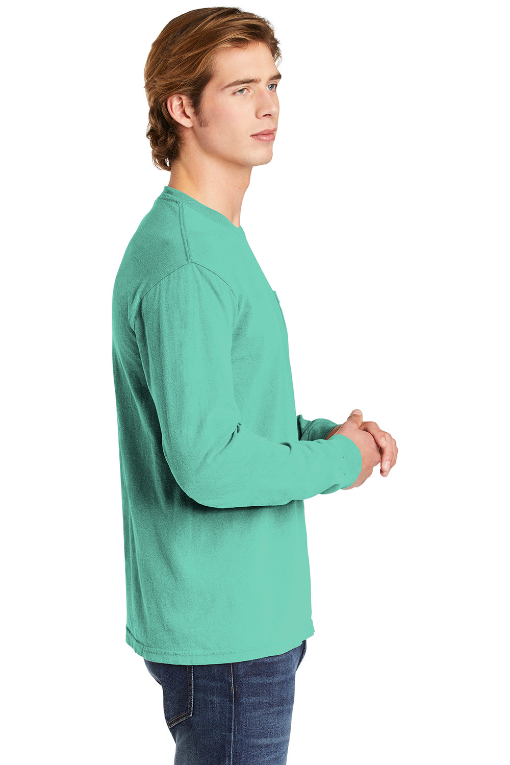 Comfort Colors 4410/C4410 Mens Long Sleeve Crewneck T-Shirt w/ Pocket Chalky Mint Green Side