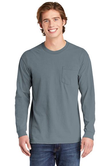 Comfort Colors 4410/C4410 Mens Long Sleeve Crewneck T-Shirt w/ Pocket Granite Front