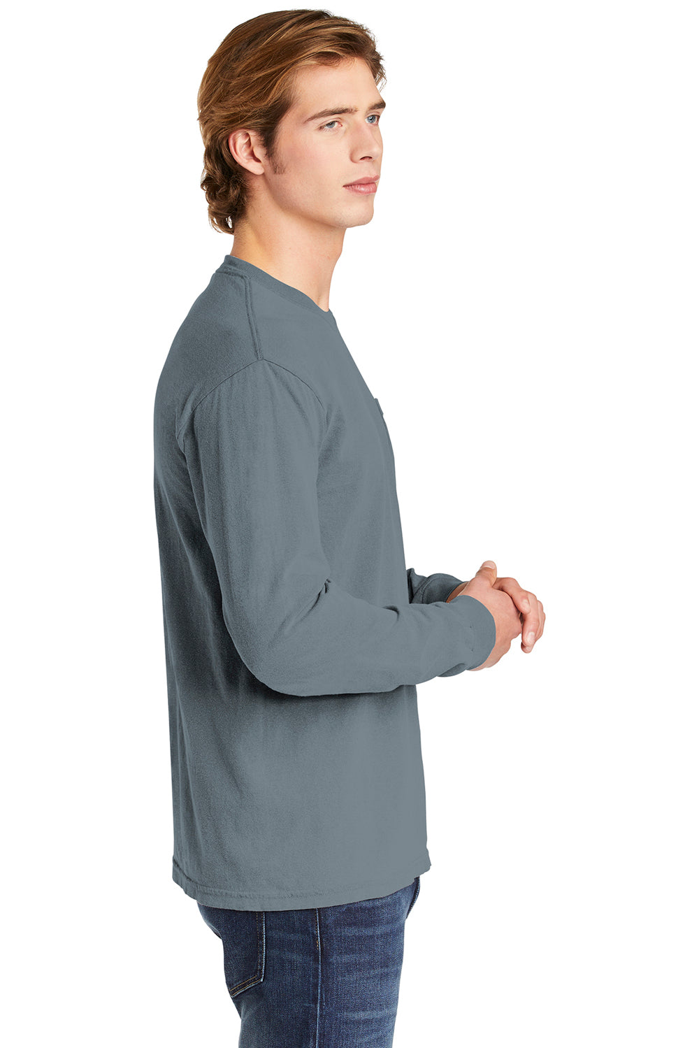 Comfort Colors 4410/C4410 Mens Long Sleeve Crewneck T-Shirt w/ Pocket Granite Side