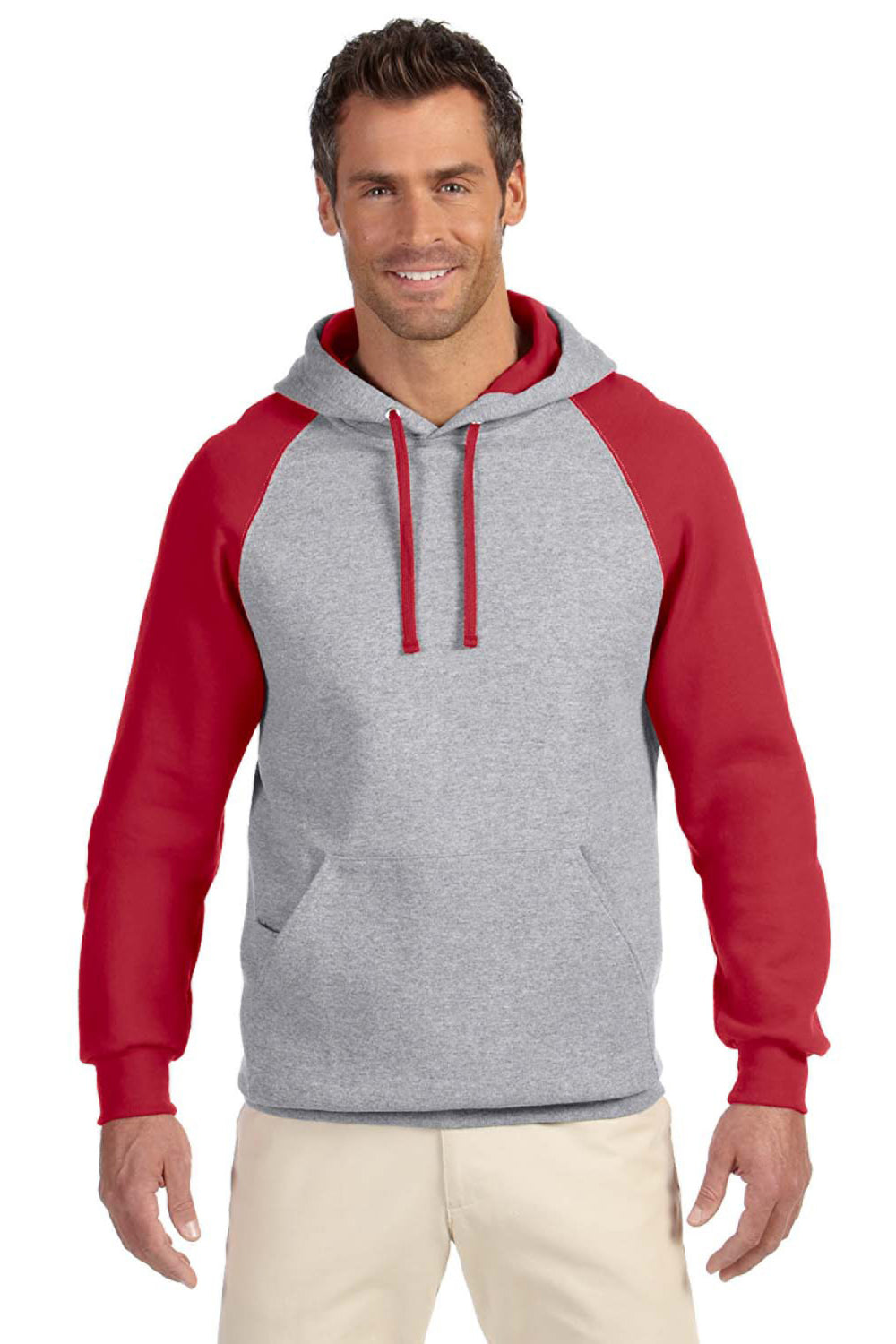 Jerzees 96CR Mens NuBlend Fleece Hooded Sweatshirt Hoodie Oxford Grey/Red Front