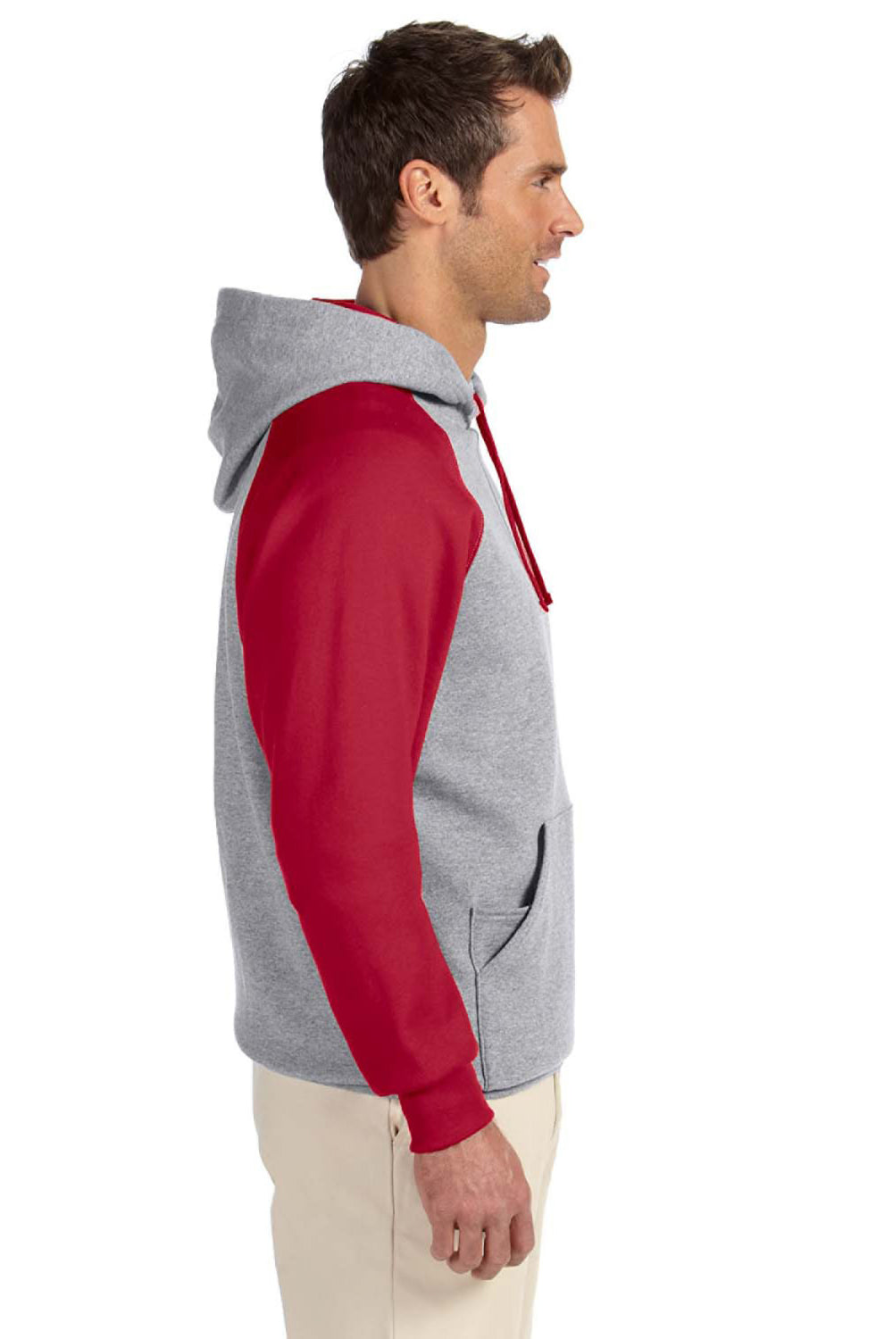 Jerzees 96CR Mens NuBlend Fleece Hooded Sweatshirt Hoodie Oxford Grey/Red Side