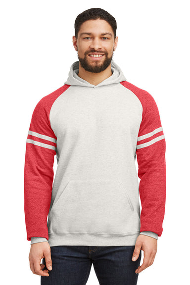 Jerzees 97CR Mens NuBlend Fleece Varsity Colorblock Hooded Sweatshirt Hoodie Heather Oatmeal/Red Front