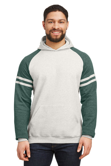 Jerzees 97CR Mens NuBlend Fleece Varsity Colorblock Hooded Sweatshirt Hoodie Heather Oatmeal/Forest Green Front