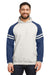 Jerzees 97CR Mens NuBlend Fleece Varsity Colorblock Hooded Sweatshirt Hoodie Heather Oatmeal/Indigo Blue Front