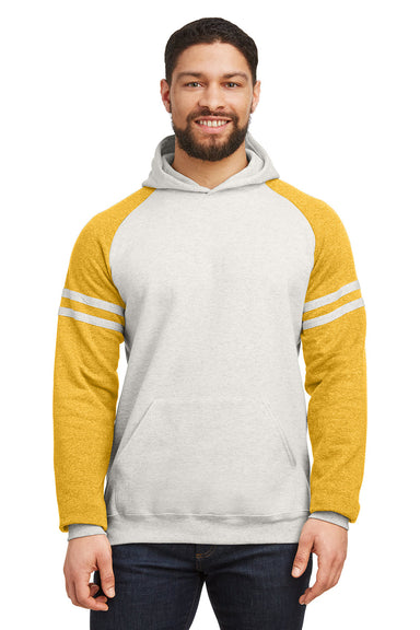 Jerzees 97CR Mens NuBlend Fleece Varsity Colorblock Hooded Sweatshirt Hoodie Heather Oatmeal/Mustard Yellow Front