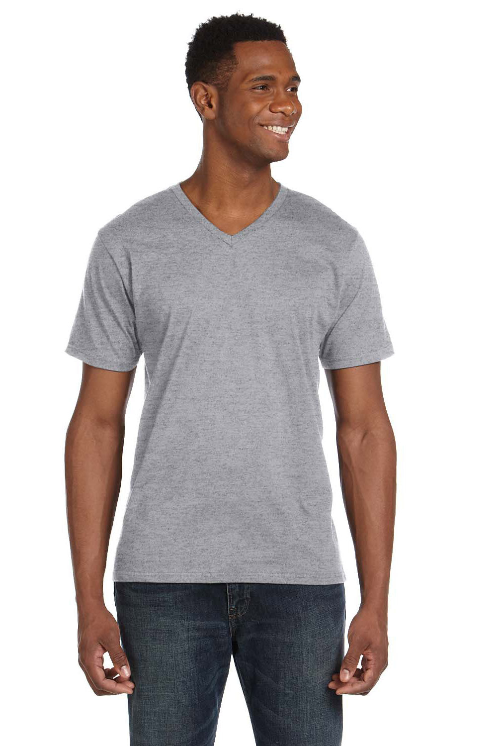 Anvil 982 Mens Short Sleeve V-Neck T-Shirt Heather Grey Front