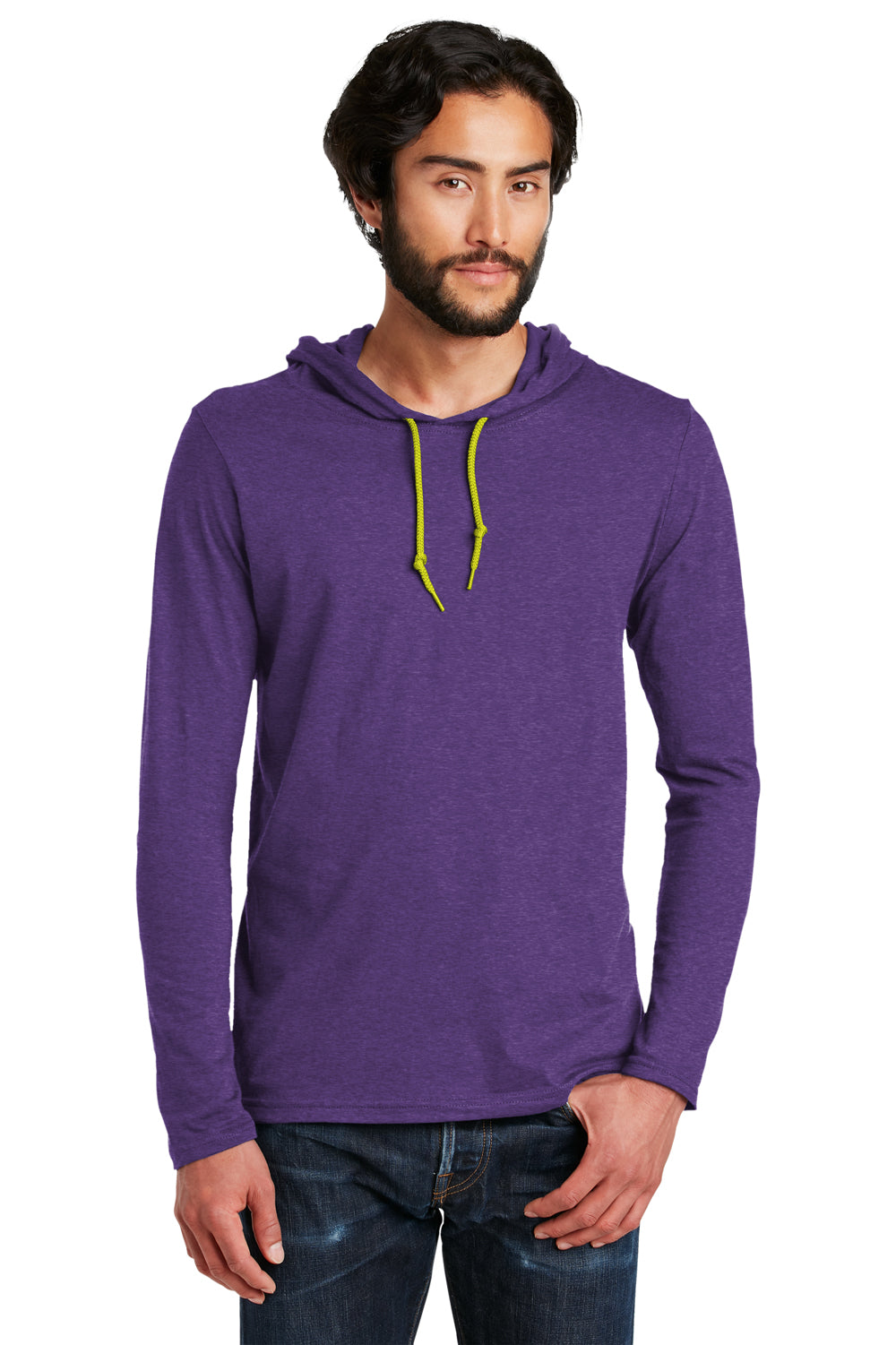 Gildan Mens Long Sleeve Hooded T-Shirt Hoodie - Heather Purple/Neon Yellow  - Closeout