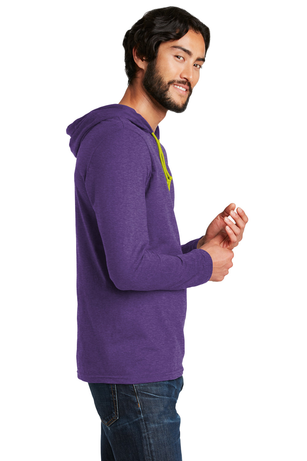 Gildan 987/987AN Mens Long Sleeve Hooded T-Shirt Hoodie Heather Purple/Neon Yellow Side