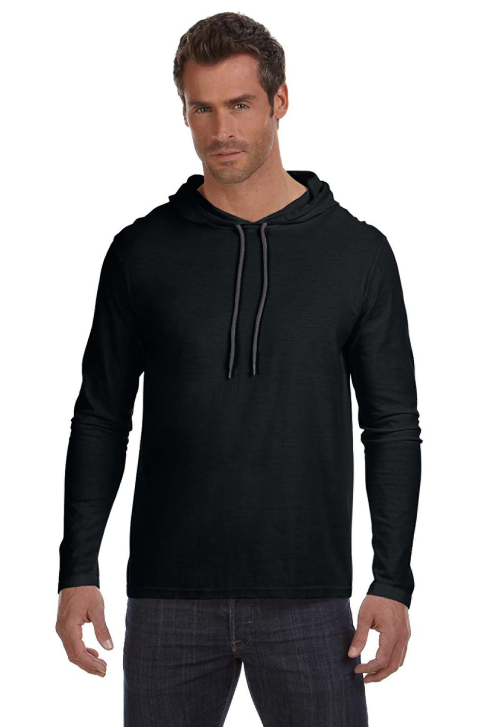 Anvil 987AN Mens Long Sleeve Hooded T-Shirt Hoodie Black/Dark Grey Front