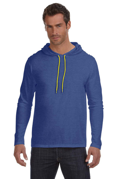Anvil 987AN Mens Long Sleeve Hooded T-Shirt Hoodie Heather Blue/Neon Yellow Front
