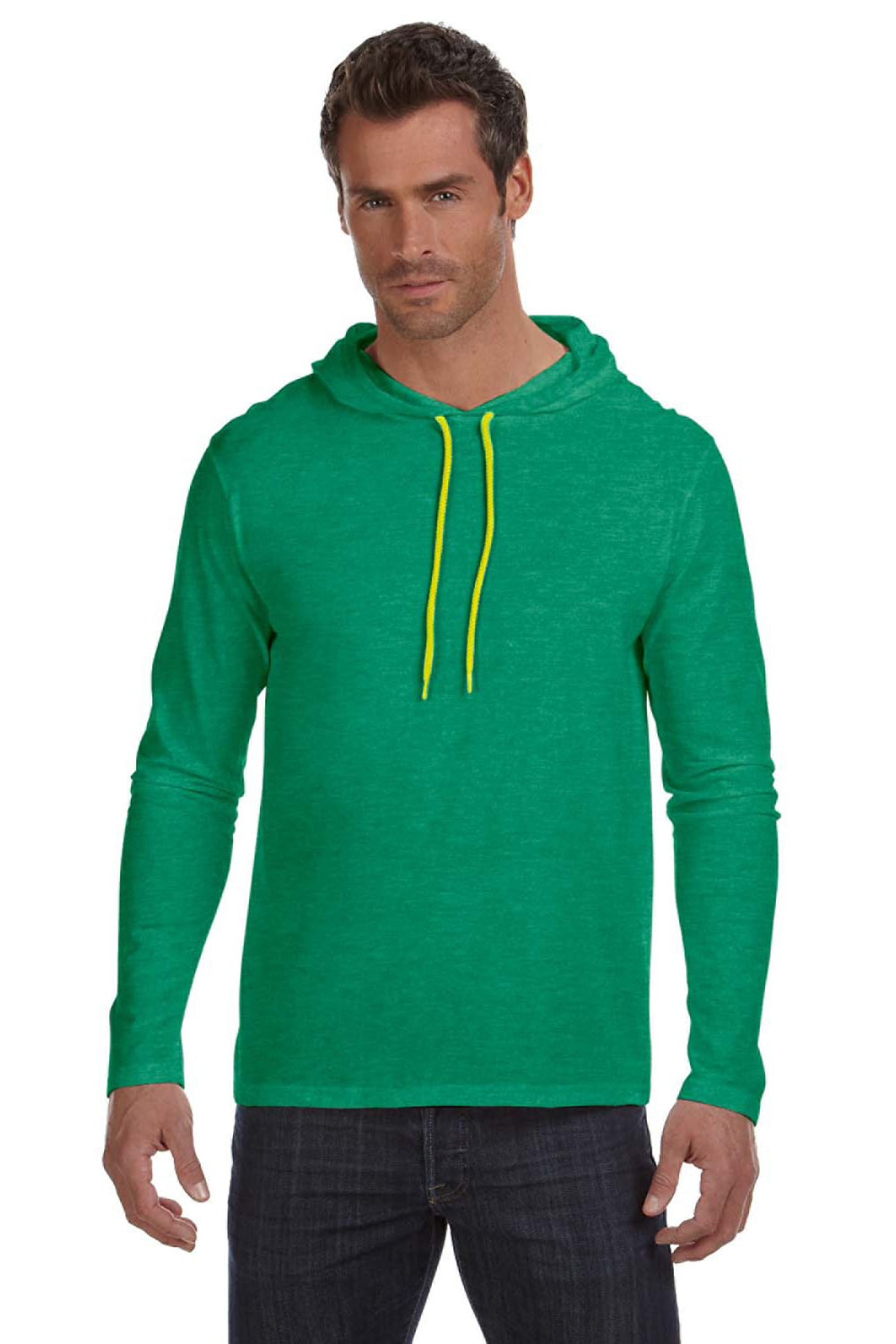 Anvil 987AN Mens Long Sleeve Hooded T-Shirt Hoodie Heather Green/Neon Yellow Front