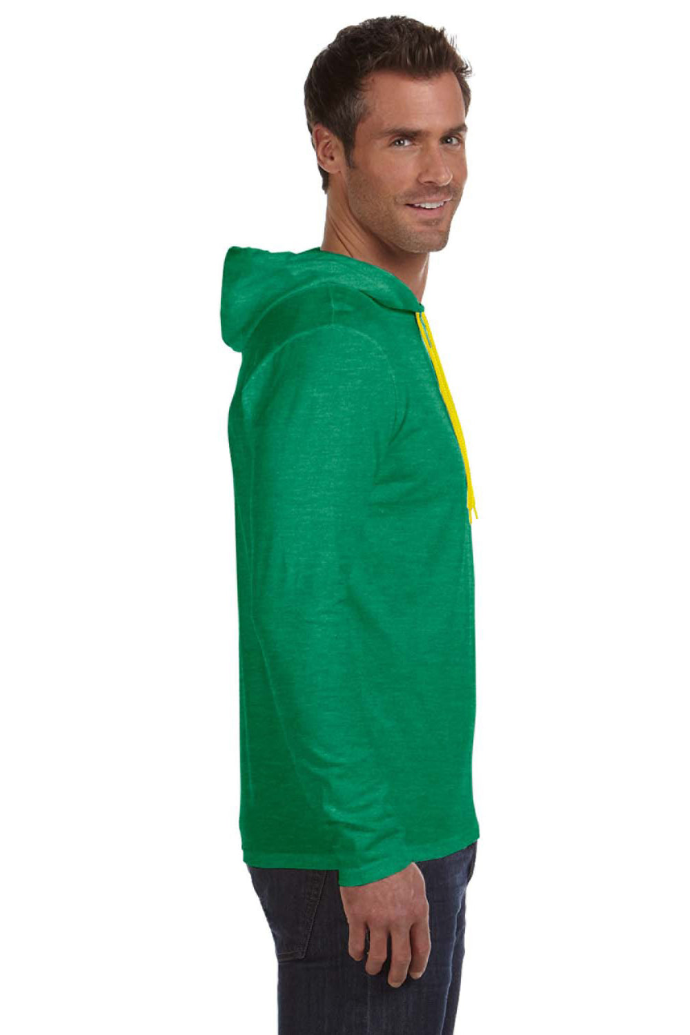 Anvil 987AN Mens Long Sleeve Hooded T-Shirt Hoodie Heather Green/Neon Yellow Side