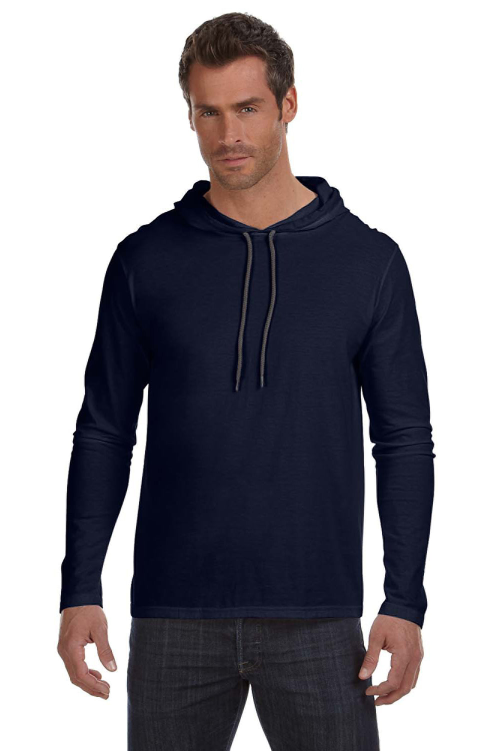 Anvil 987AN Mens Long Sleeve Hooded T-Shirt Hoodie Navy Blue/Dark Grey Front