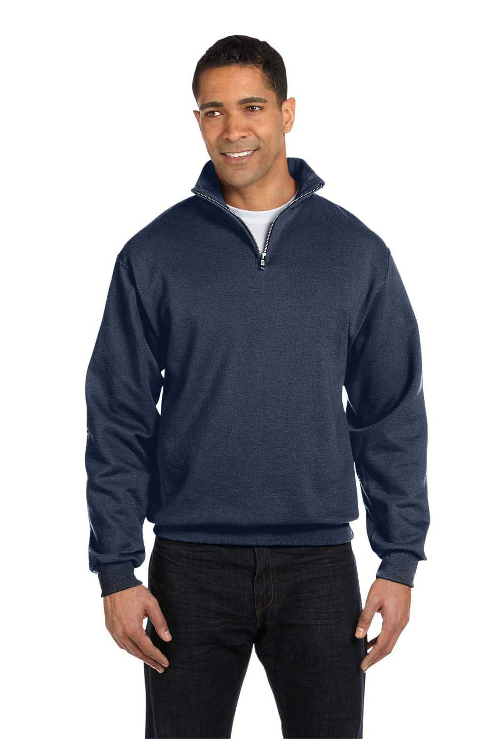 Jerzees 995M Mens NuBlend Fleece 1/4 Zip Sweatshirt Heather Navy Blue Front