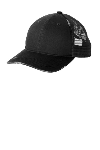 Port Authority Mens Distressed Mesh Back Hat Black Front