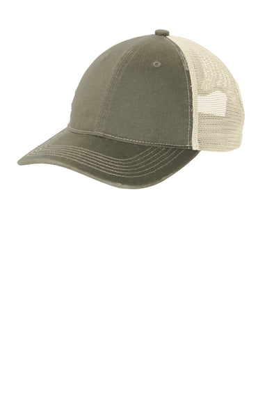 Port Authority Mens Distressed Mesh Back Hat Light Olive Green/Stone Front