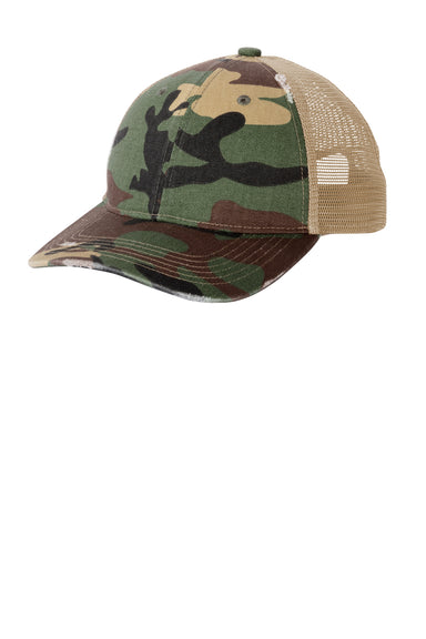 Port Authority Mens Distressed Mesh Back Hat Military Camo/Khaki Front