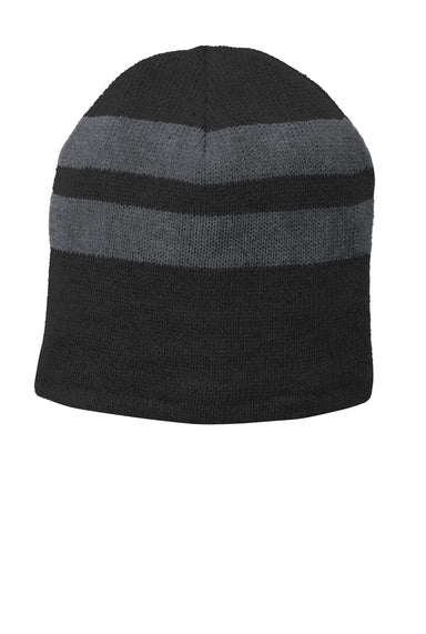 Port & Company C922 Fleece Lined Striped Beanie Black/Athletic Oxford Grey Front