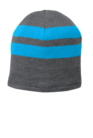 Port & Company C922 Fleece Lined Striped Beanie Athletic Oxford Grey/Neon Blue Front
