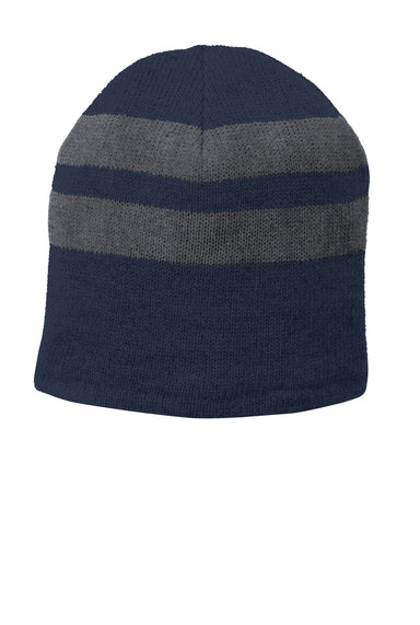 Port & Company C922 Fleece Lined Striped Beanie Navy Blue/Athletic Oxford Grey Front