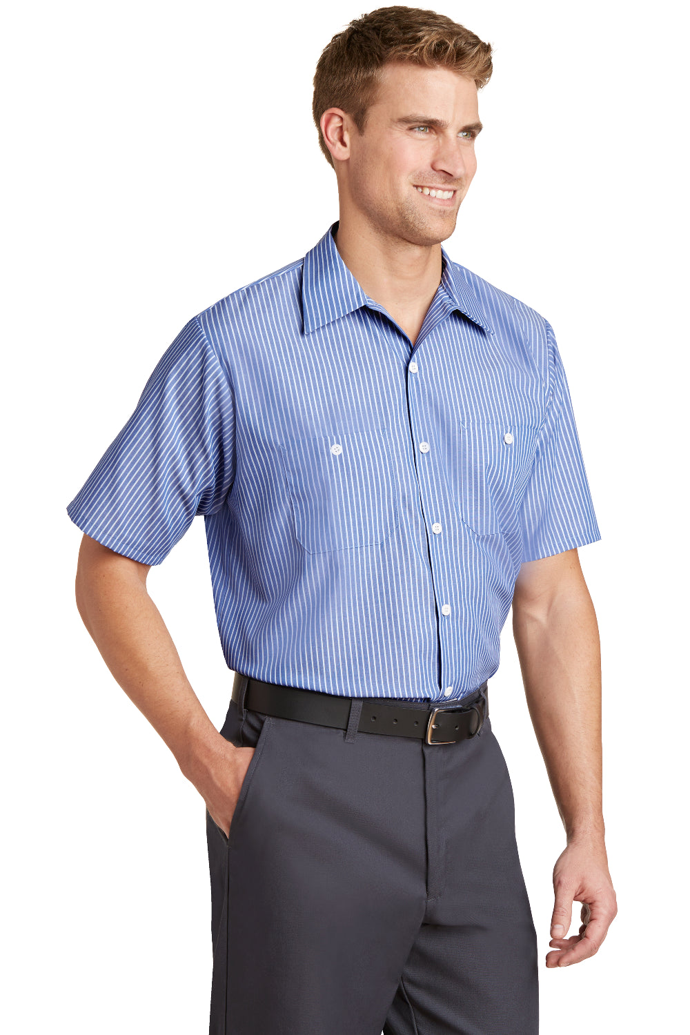 Red Kap CS20/CS20LONG Mens Industrial Moisture Wicking Short Sleeve Button Down Shirt w/ Double Pockets Blue/White 3Q