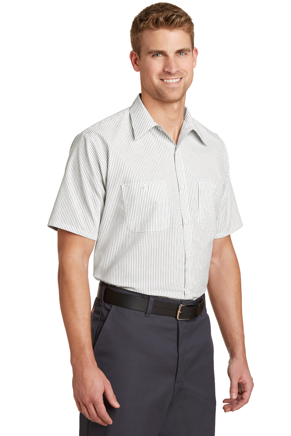 Red Kap CS20/CS20LONG Mens Industrial Moisture Wicking Short Sleeve Button Down Shirt w/ Double Pockets Grey/White 3Q