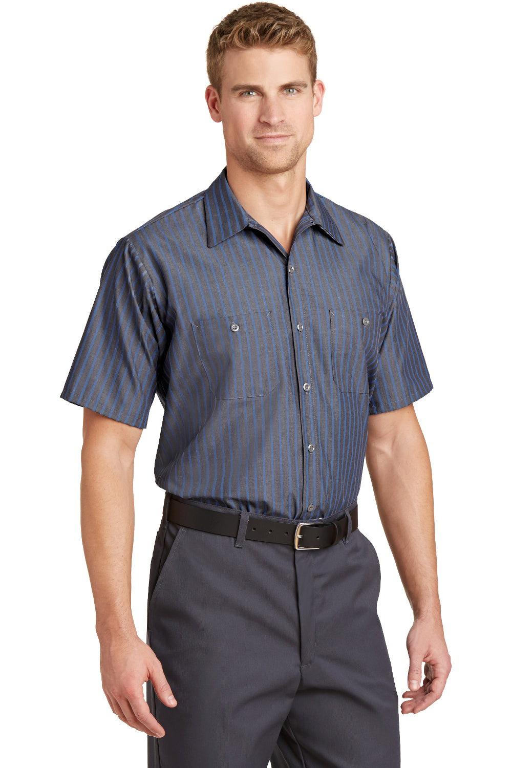 Red Kap CS20/CS20LONG Mens Industrial Moisture Wicking Short Sleeve Button Down Shirt w/ Double Pockets Grey/Blue 3Q