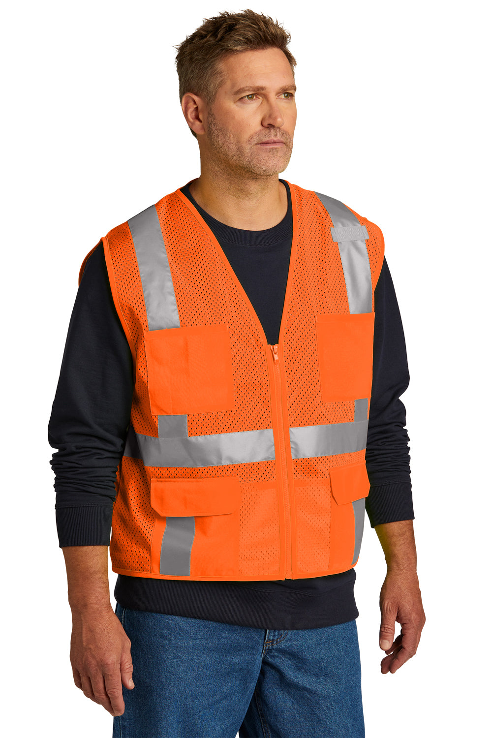 CornerStone CSV104 Mens ANSI 107 Class 2 Mesh Zipper Vest w/ Pocket Safety Orange 3Q